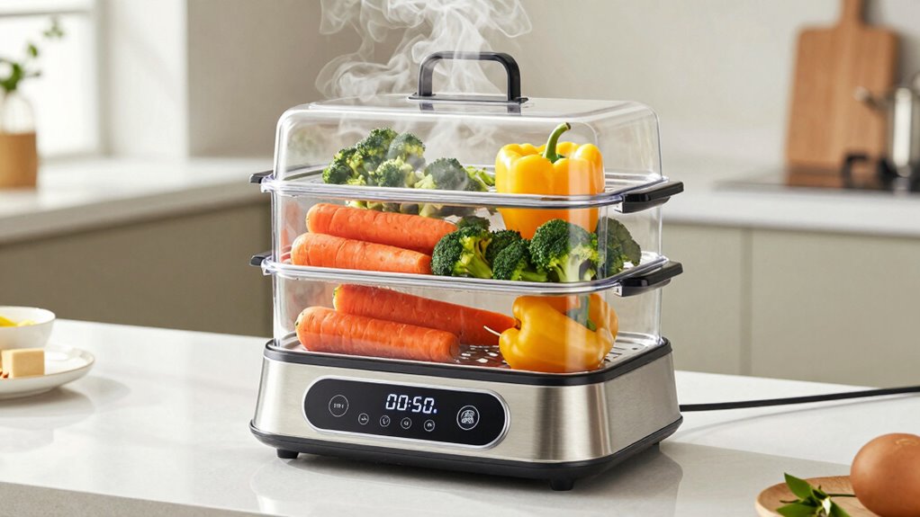 steaming vegetables and seafood